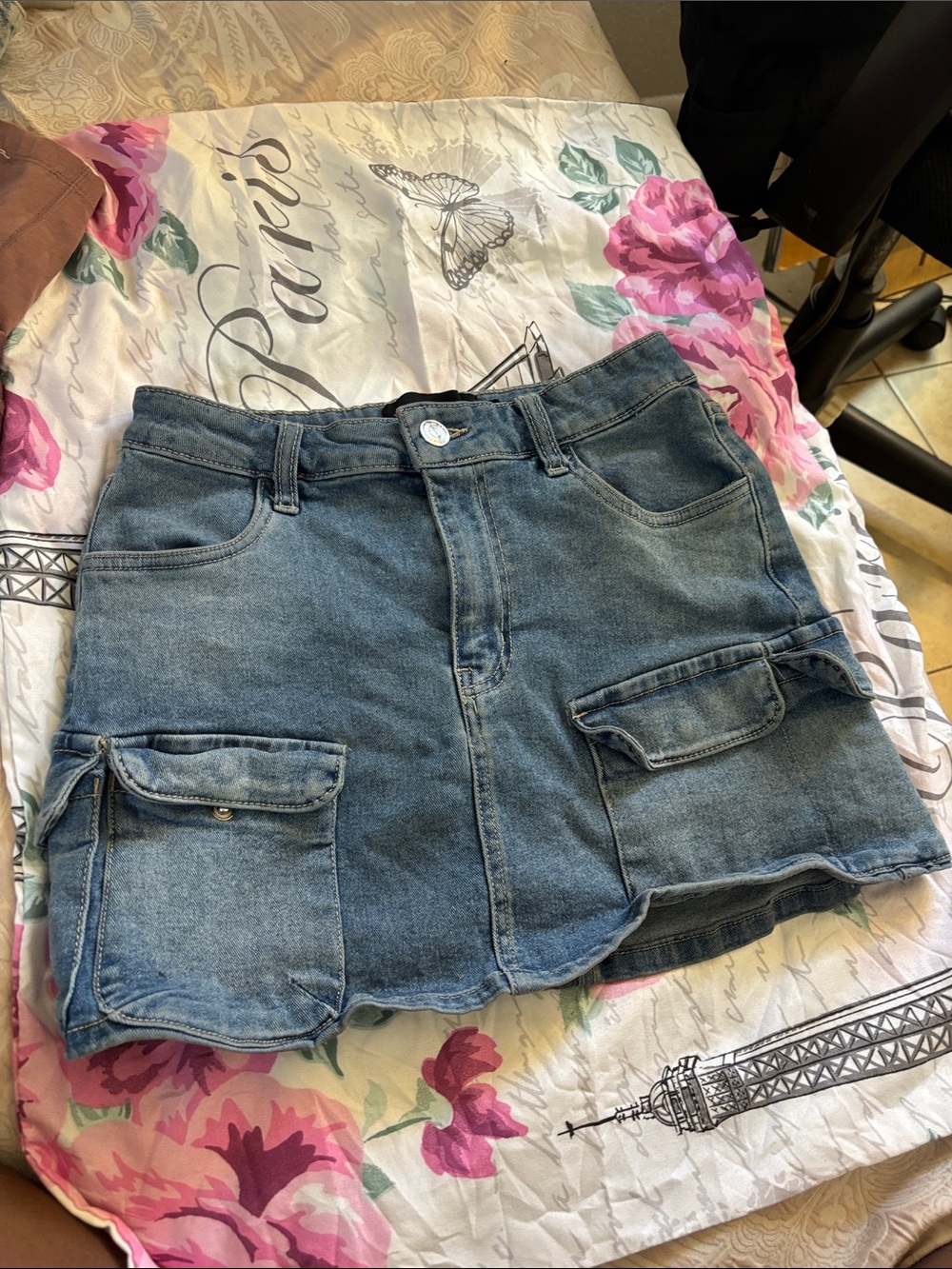 refuge Denim Mini Skirt in Blue with Cargo Pockets